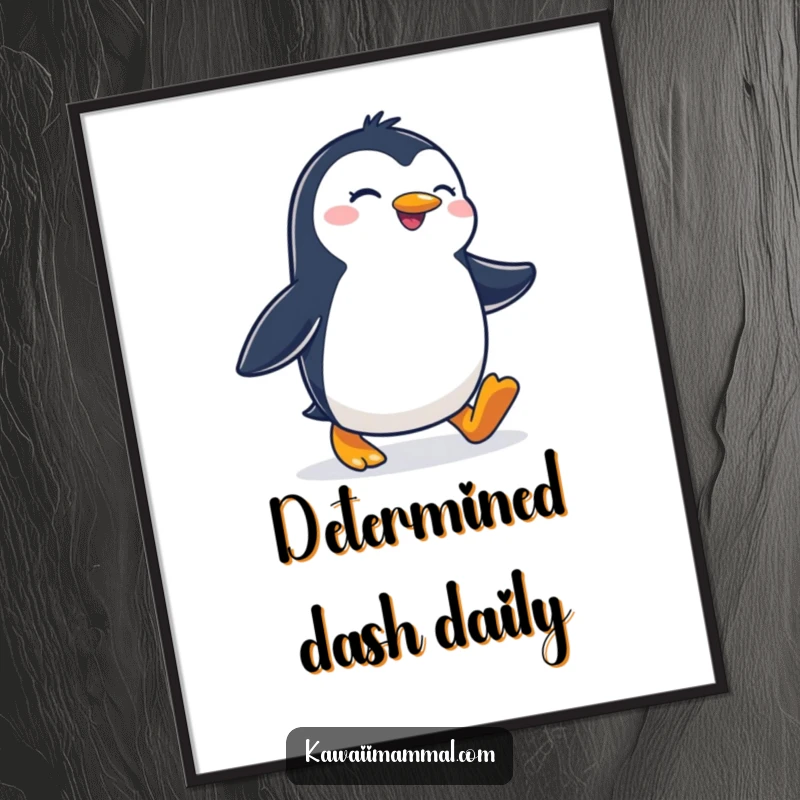 Funny digital art print of a joyous penguin waddling with a determined stride, ready to add motivational humor to any digital display.