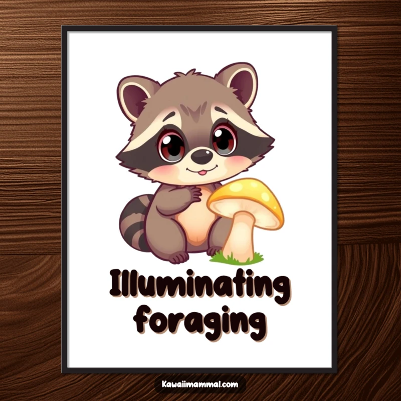 Funny Digital Art: A curious raccoon with large, bright eyes enthusiastically examines a glowing mushroom, capturing a moment of pure wonder.