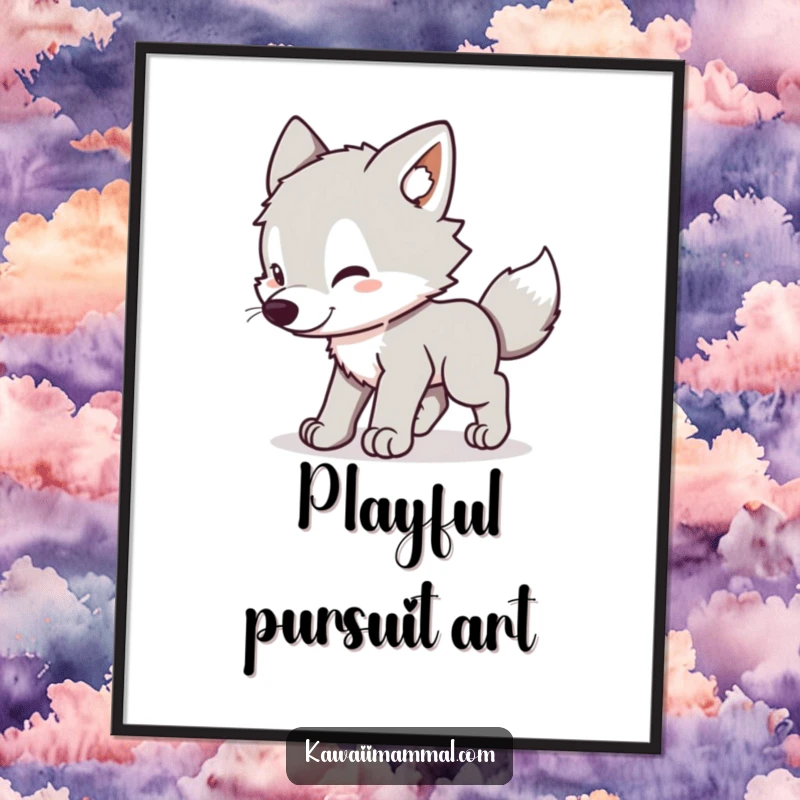 Funny Wolf Pup Digital Art: High-resolution kawaii wolf pup hilariously chasing its tail, perfect for printable decor.