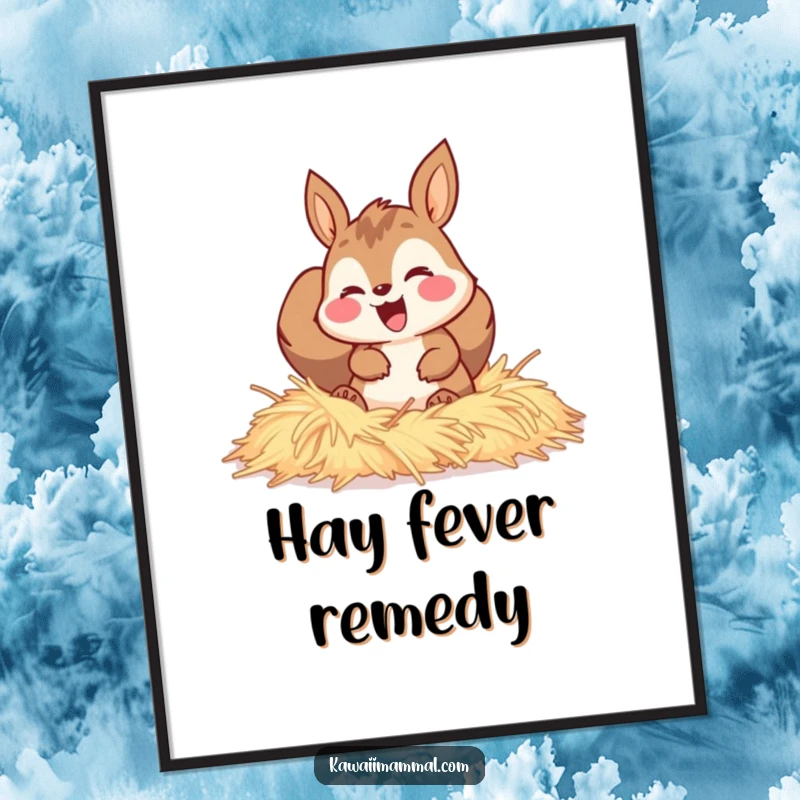 Funny digital art print of a happy squirrel character gleefully burrowing through a pile of soft hay, looking utterly content.