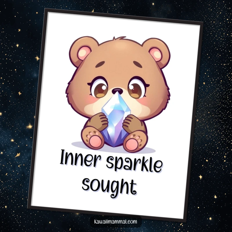 Funny bear cub digital art print of a focused character examining a shimmering crystal with wide, wondering eyes, radiating innocent wonder.