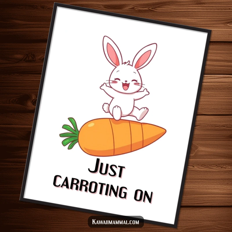 Funny digital art print of a happy bunny character joyfully leaping over a giant carrot, full of energy and cheer.