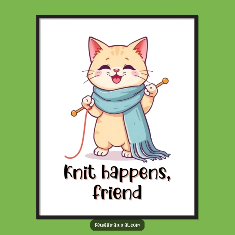 Funny Kawaii Cat Knitting Digital Art - Instant Adorable Feline Decor Gift
