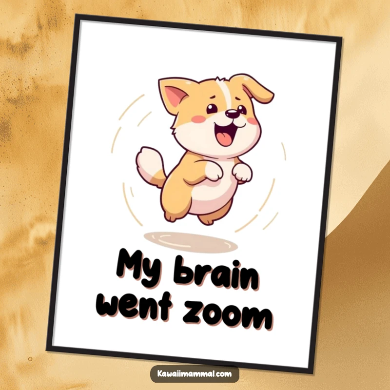 Funny digital art print of a Kawaii dog spinning in a dizzy tail-chasing blur, perfect for instant playful and humorous wall decor.