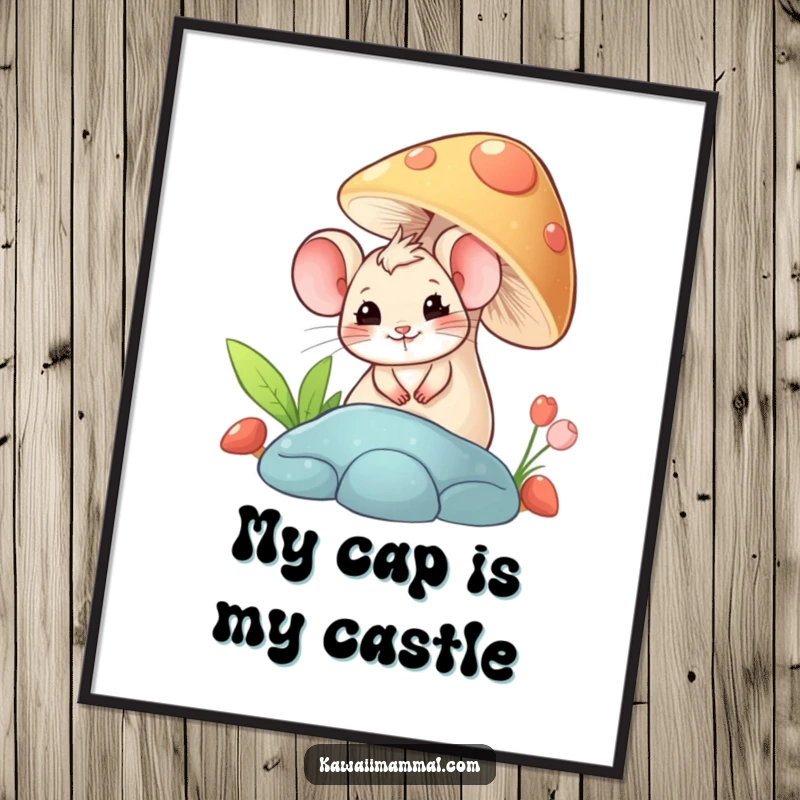 Funny digital art print of a giggling mouse peeking from behind a mushroom, ready to add whimsical charm to any digital space.