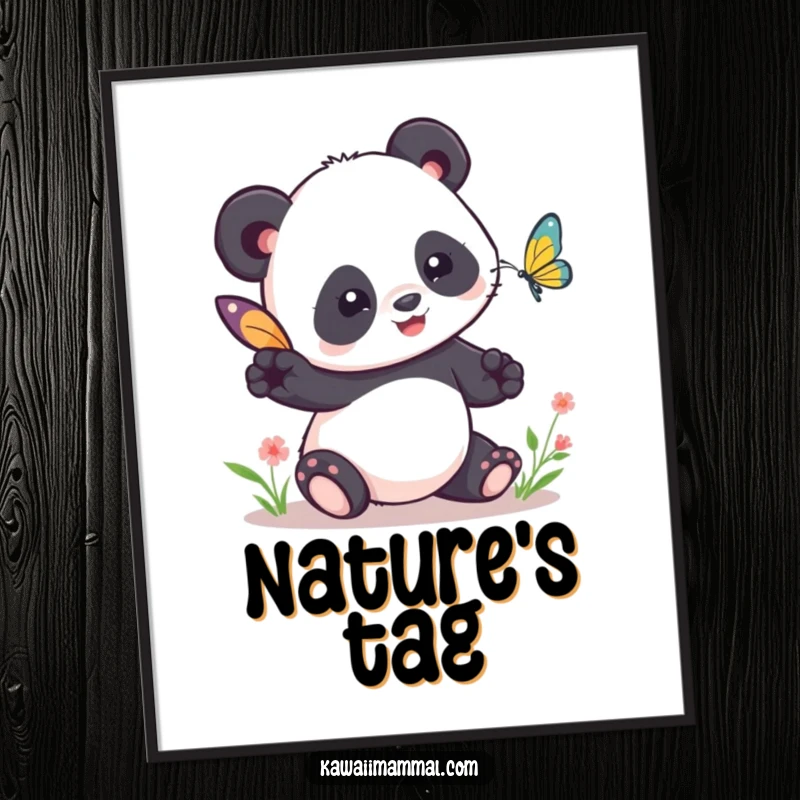 Funny Kawaii Panda Tag Digital Art: A cute panda comically attempts to play tag with a butterfly, perfect for instant, funny wall décor.
