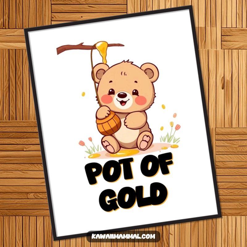 Funny digital art print of a kawaii bear cub enthusiastically batting at a honey pot, offering instant sweet decor.