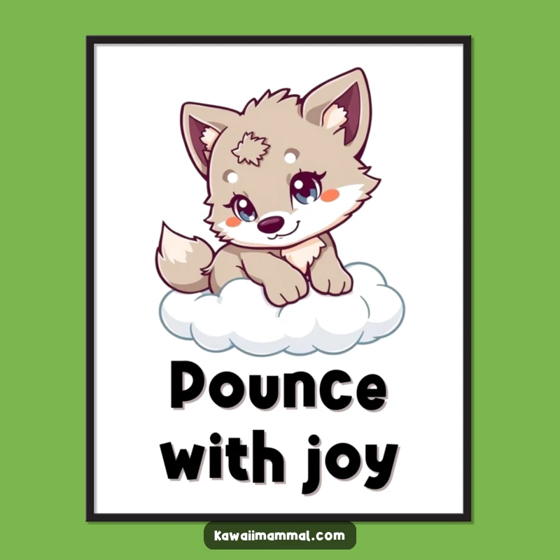 Funny Wolf Cub Digital Art Print - Playful Cloud Pounce, Whimsical Decor