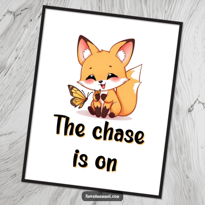 Funny digital art print of a happy fox playfully pouncing towards a butterfly, full of charming energy.