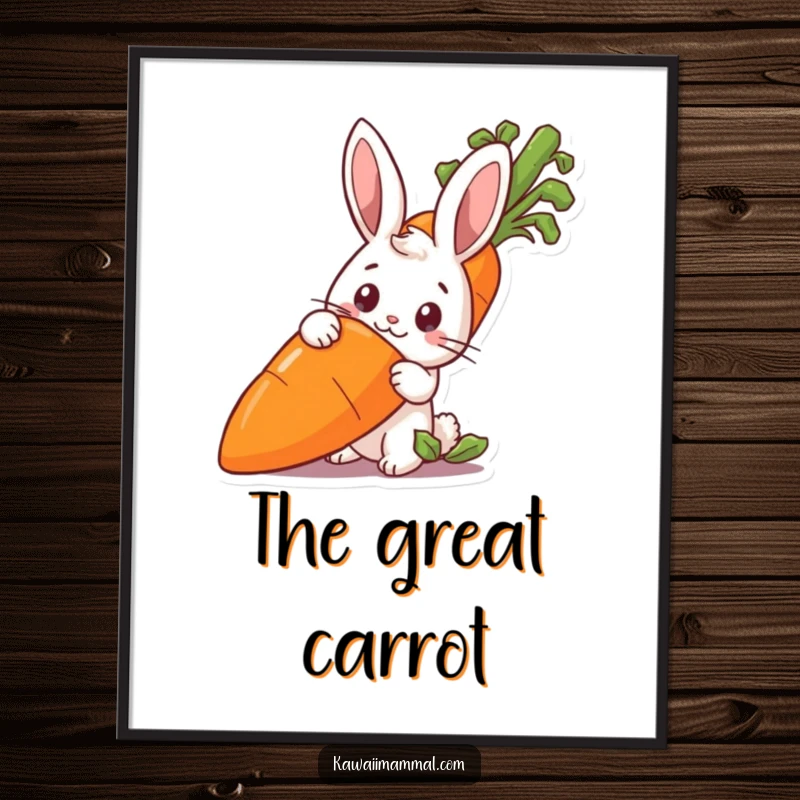 Funny rabbit character peeking from behind a large carrot, as a digital art print for instant decor.
