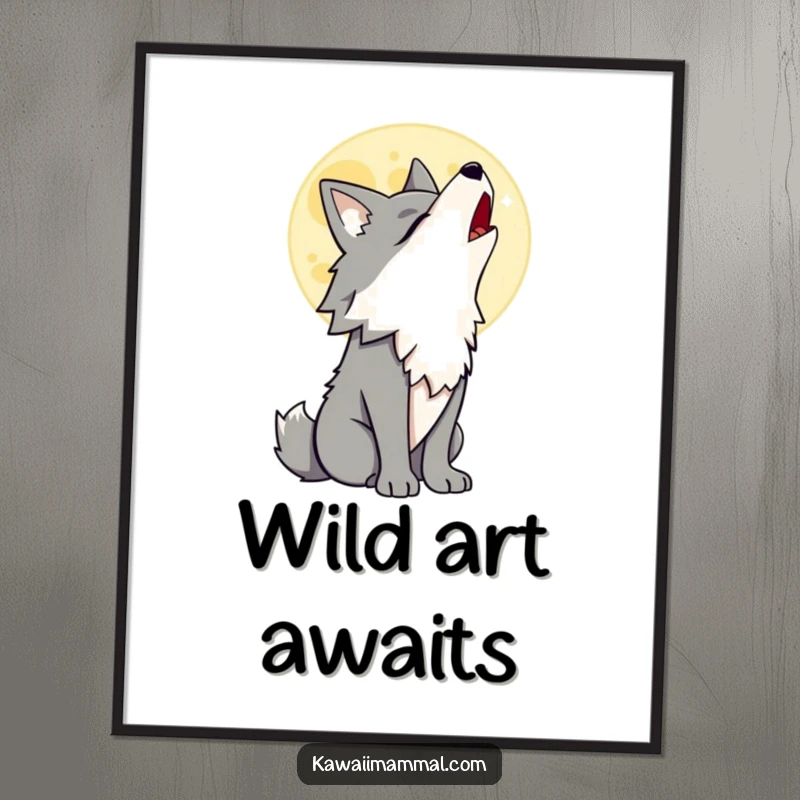 Funny Wolf Digital Art Print of a proud wolf character howling at a cartoon moon, bold and humorous wall art for any admirer.