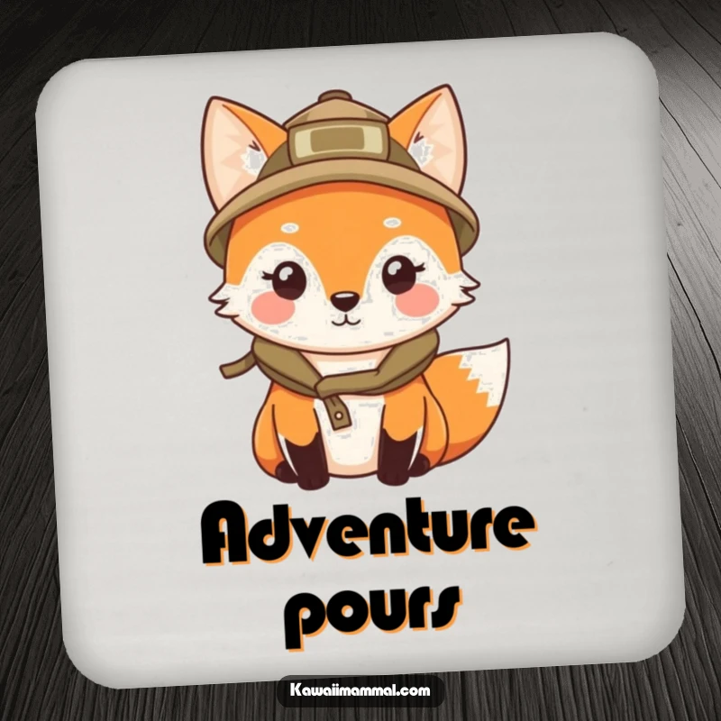 Funny drink coasters featuring a kawaii fox in an explorer hat, curiously peering, adding adventurous, humorous flair.