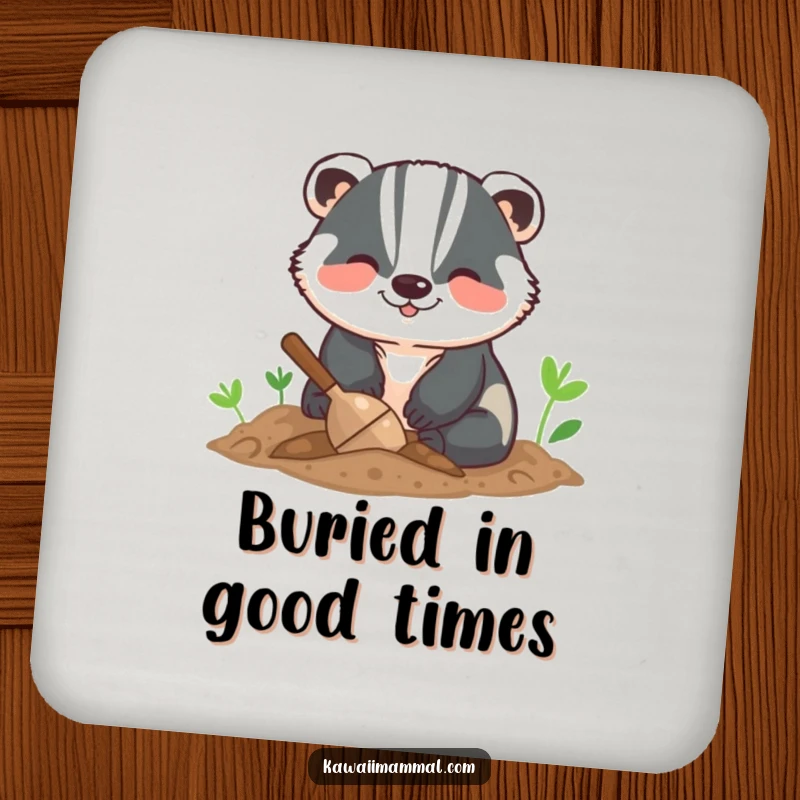Funny drink coaster displaying a smiling badger digging energetically, protecting surfaces with a humorous and charming design.
