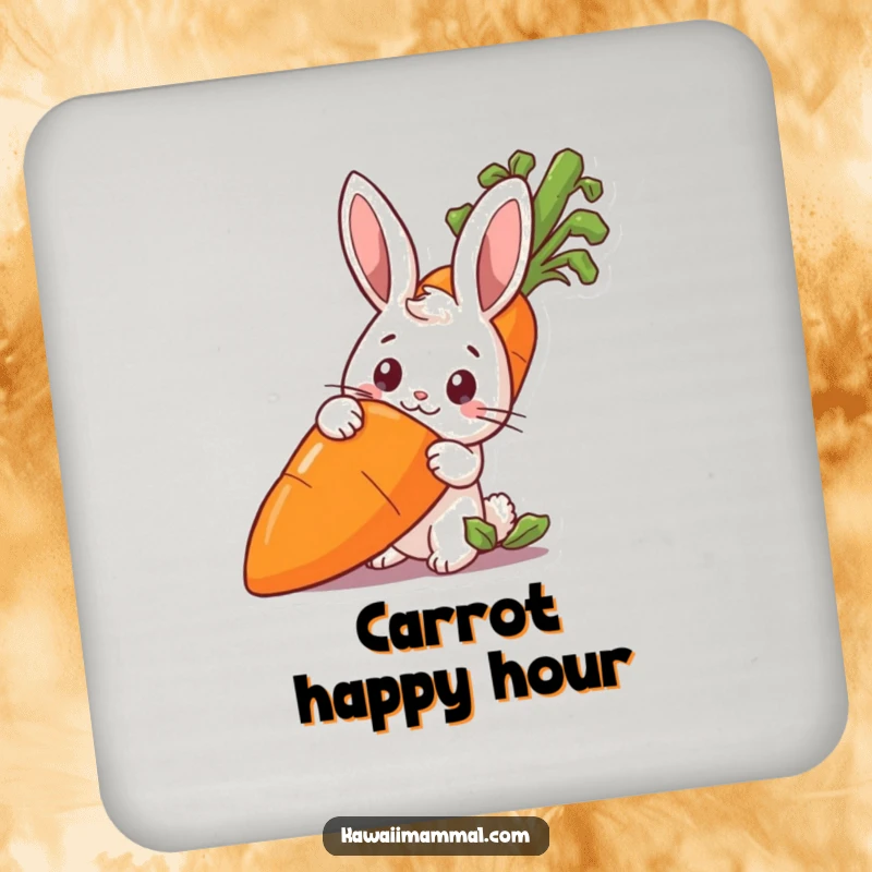 Funny rabbit peeking from behind a large carrot, designed on drink coasters for a cute, humorous touch.