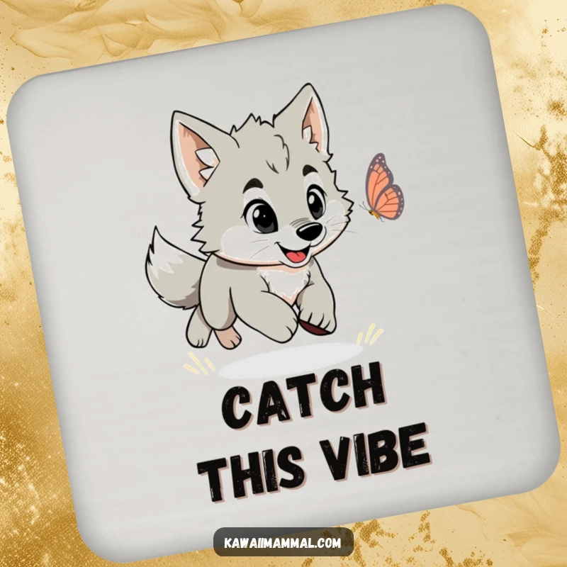 Funny drink coasters depicting an energetic wolf puppy playfully chasing a fluttering butterfly.