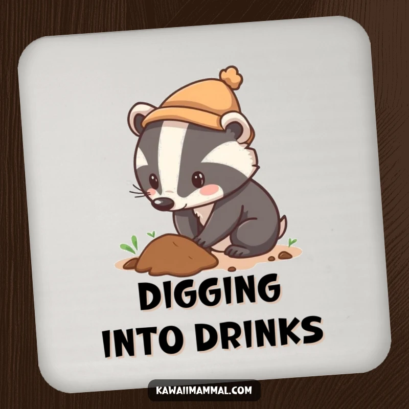 Funny coasters featuring a determined badger wearing a tiny hat digging, adding humorous and focused protection to tabletops.