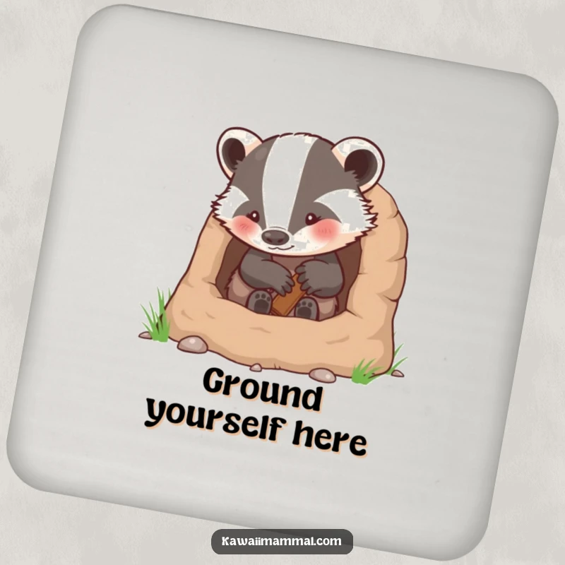 Funny drink coasters depicting a determined badger character building a cozy and inviting burrow.