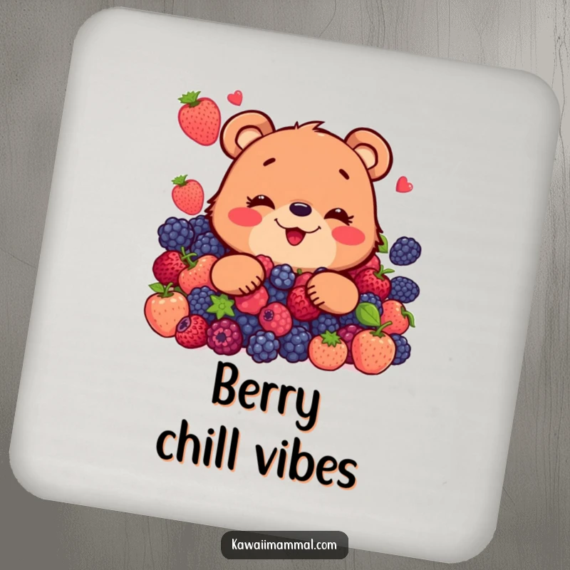 Funny coaster featuring a smiling bear character happily eating a generous pile of ripe, juicy berries.