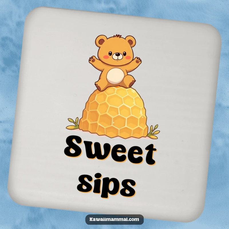 Funny drink coaster set depicting a determined bear character humorously balancing on a giant honeycomb, bringing woodland cheer to tables.