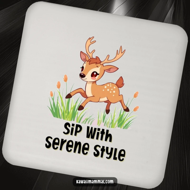 Funny Coaster: A cheerful deer with graceful antlers gracefully leaps through tall grass, guarding your table with serene charm.