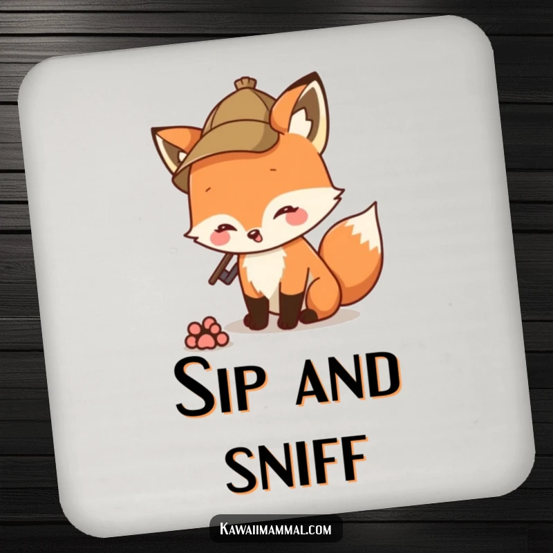 Funny fox detective with a hat sniffing a paw print, designed on drink coasters for a humorous touch.
