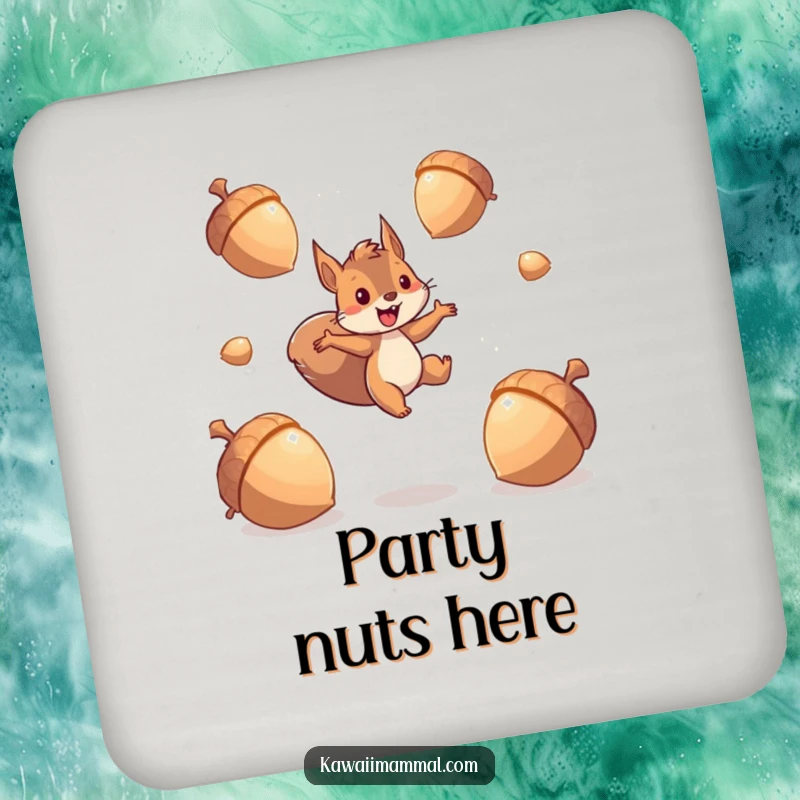 Funny squirrel coasters featuring an energetic character leaping between giant, sparkling acorns, protecting surfaces with playful energy and charm.