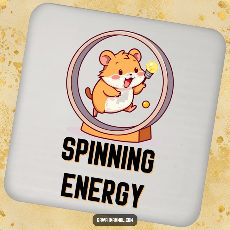 Funny drink coaster with a happy hamster running on a wheel powering a small light bulb, symbolizing energy and function.