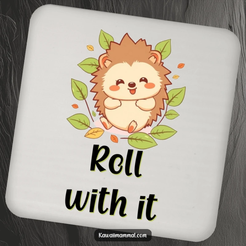 Funny Hedgehog Coasters: Cute kawaii hedgehog rolling gleefully over illustrated leaves, adding humorous protection to drinks.