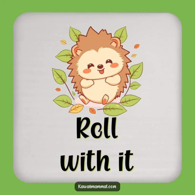 Funny Hedgehog Coaster Set: Kawaii Rolling Character, Leafy Decor Gift for Tables