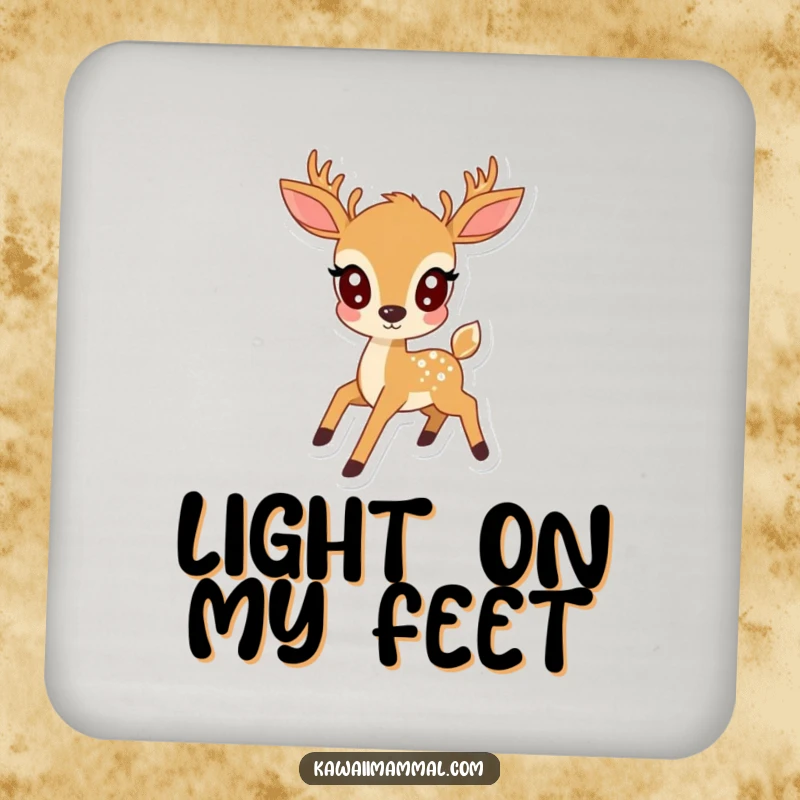Funny kawaii deer with wide eyes, captured prancing gracefully, on protective drink coasters, adding cute charm.