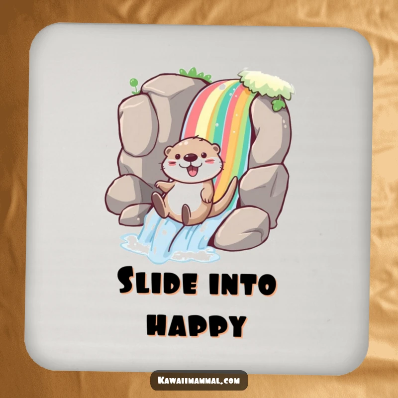 Funny otter coasters featuring a playful character joyfully sliding down a rainbow waterfall, protecting surfaces with vibrant joy and charm.