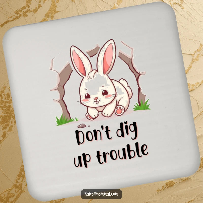 Funny rabbit character, energetically digging a tunnel, featured on a humorous drink coaster.