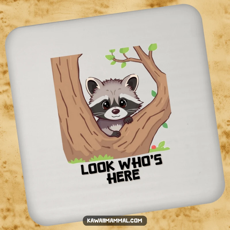 Funny drink coasters depicting a curious raccoon peeking from behind a tree, adding a touch of charm.