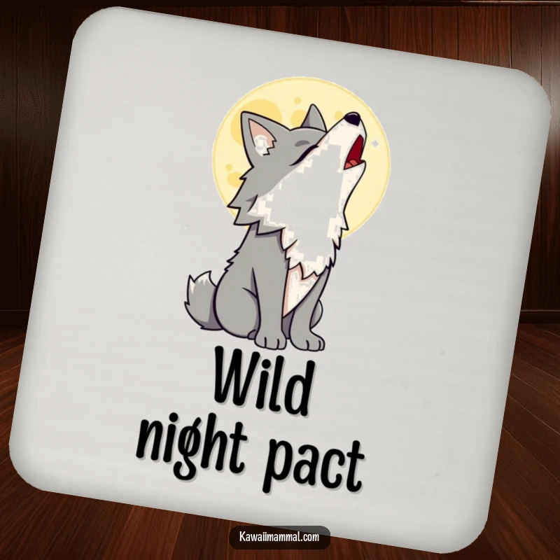 Funny Wolf Coaster featuring a proud wolf character howling at a cartoon moon, a bold and protective accessory for any table.