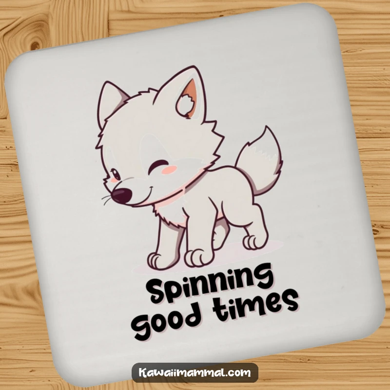Funny Wolf Pup Coasters: Cute kawaii wolf pup playfully spinning after its tail, humorous protection for drinks.