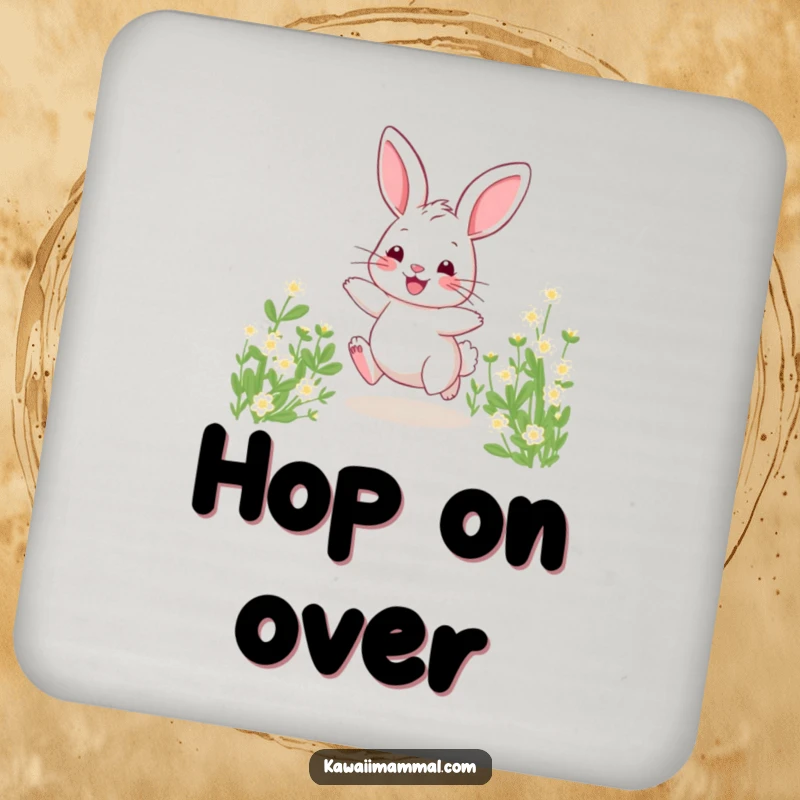 Funny drink coaster showcasing a cute bunny captured in a joyful hopping motion through a clover patch.