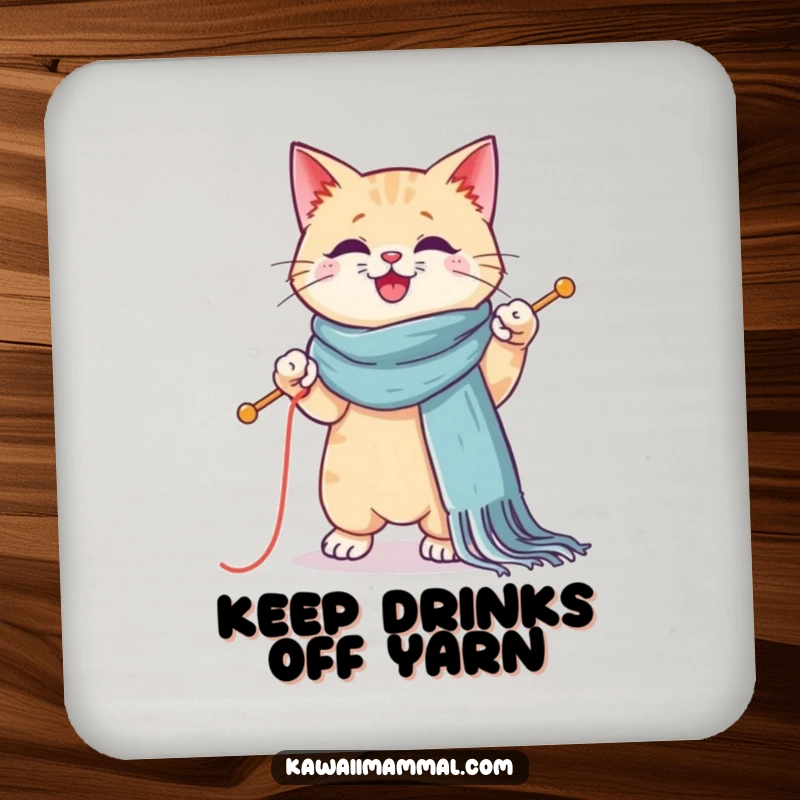 Funny coaster featuring a Kawaii cat balancing on one paw while knitting a scarf, offering humorous protection for surfaces.