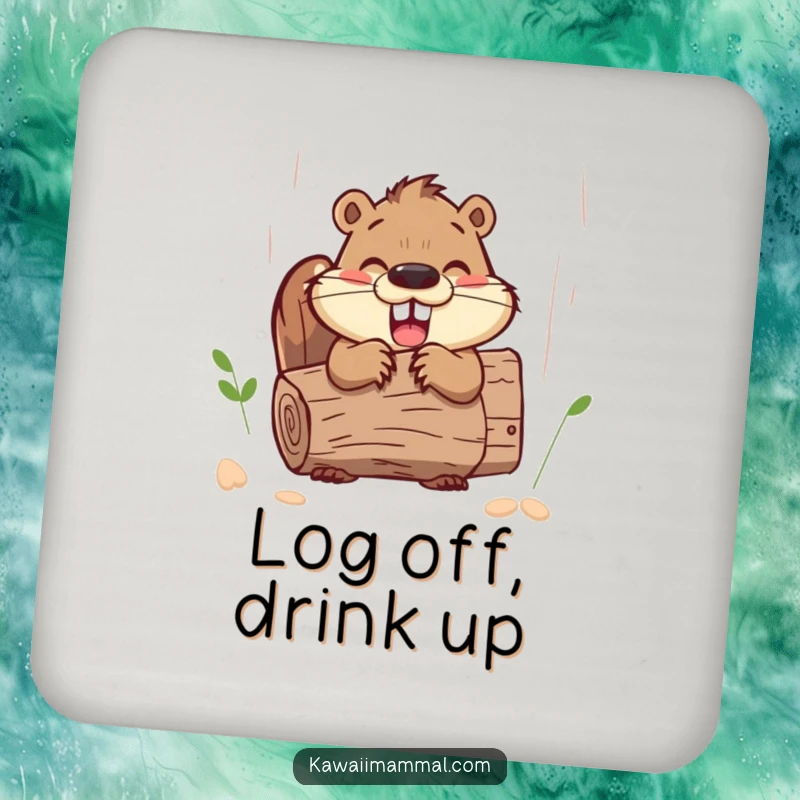 Funny beaver character, happily gnawing a log, featured on a humorous drink coaster.