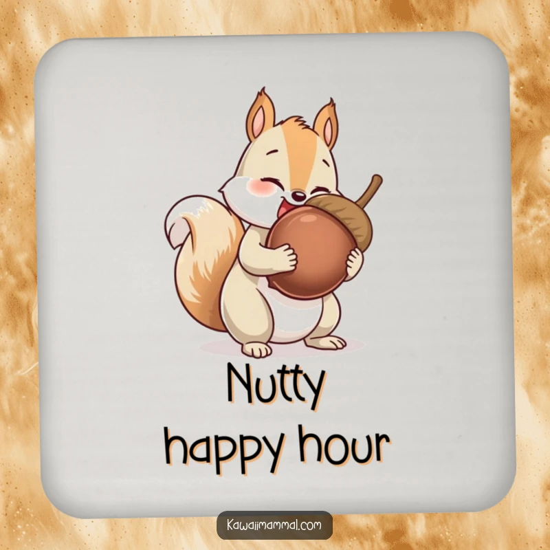 Funny Squirrel Coaster featuring a giggling squirrel character collecting an impossibly large acorn, a whimsical and protective accessory for any table.