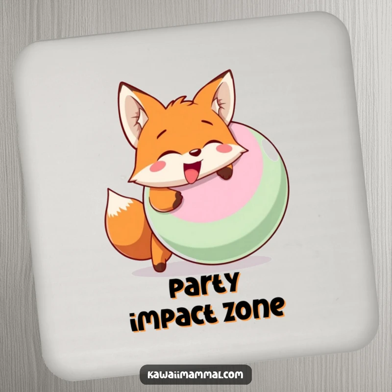 Funny drink coasters featuring a smiling fox character enthusiastically head-butting a large inflatable ball, adding playful flair.