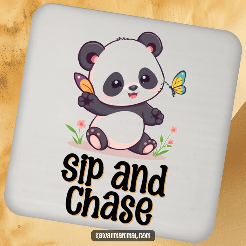 Funny Kawaii Panda Coaster Set: Cute pandas humorously chase butterflies, offering practical and funny protection for your drinks.