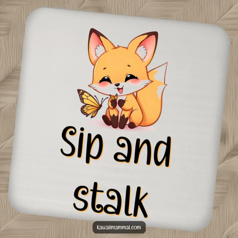 Funny drink coaster depicting a happy fox in a playful pounce, aiming for a delicate butterfly.