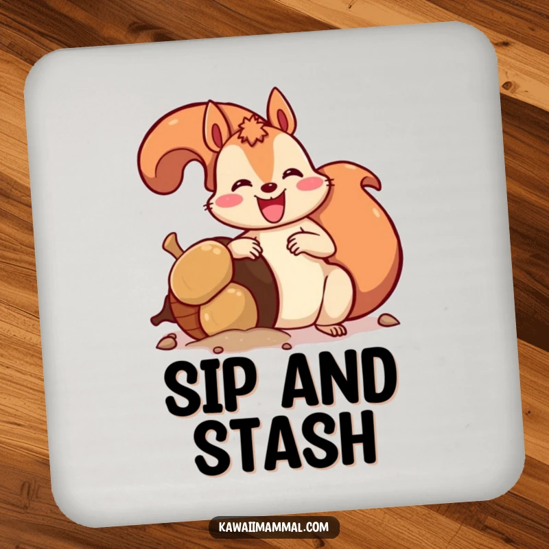 Funny coasters featuring an enthusiastic squirrel burying a giant acorn, adding humorous woodland protection to tabletops.
