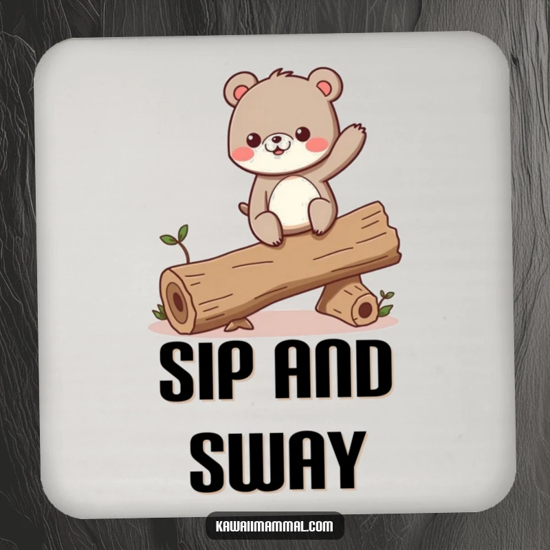 Funny drink coasters featuring a curious bear character excitedly balancing on a wobbling log, adding daring flair.