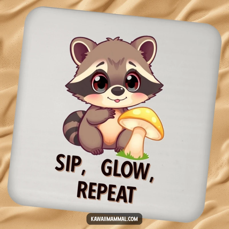 Funny Coaster: A curious raccoon with bright eyes enthusiastically examines a glowing mushroom, guarding your table with whimsical charm.