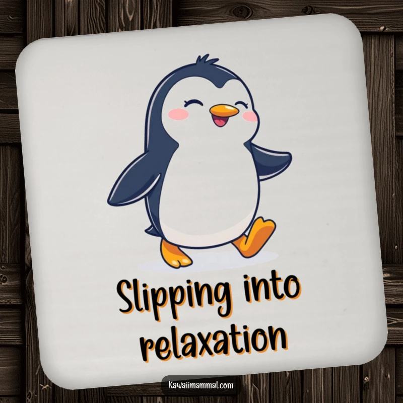 Funny drink coaster featuring a joyous penguin waddling with a determined stride, protecting surfaces with motivational humor.