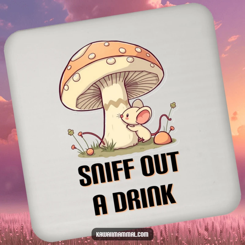 Funny Mouse Coasters: Cute kawaii mouse bravely sniffing a large mushroom, humorous protection for drinks.