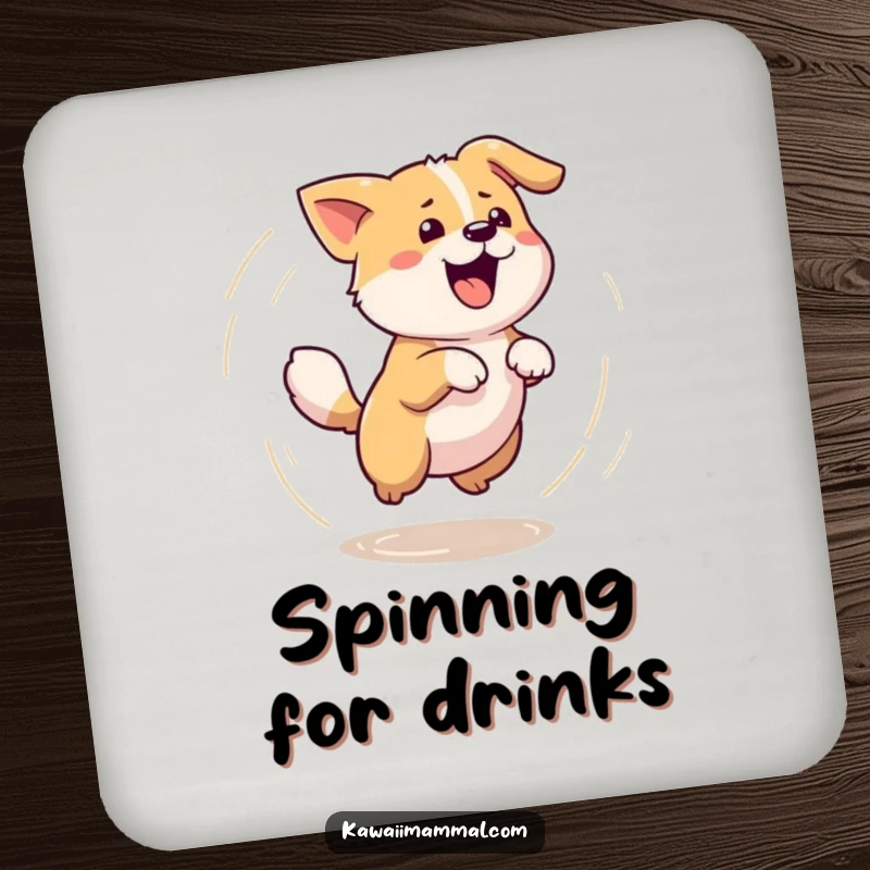 Funny coaster featuring a Kawaii dog in a dizzy tail-chasing circle, offering humorous protection for surfaces with a playful dog design.