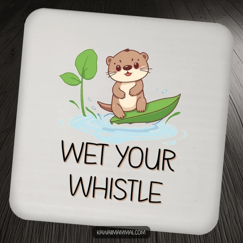 Funny Kawaii Otter Coaster Set: Cute otters humorously surf leaves in puddles, offering practical and funny protection for your drinks.