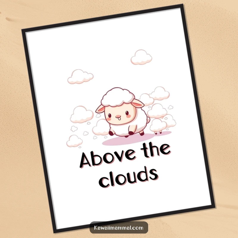 Funny Kawaii Sheep Cloud Herder Poster: A cute sheep comically tries to herd fluffy clouds, a hilarious depiction of gentle skyward ambition.